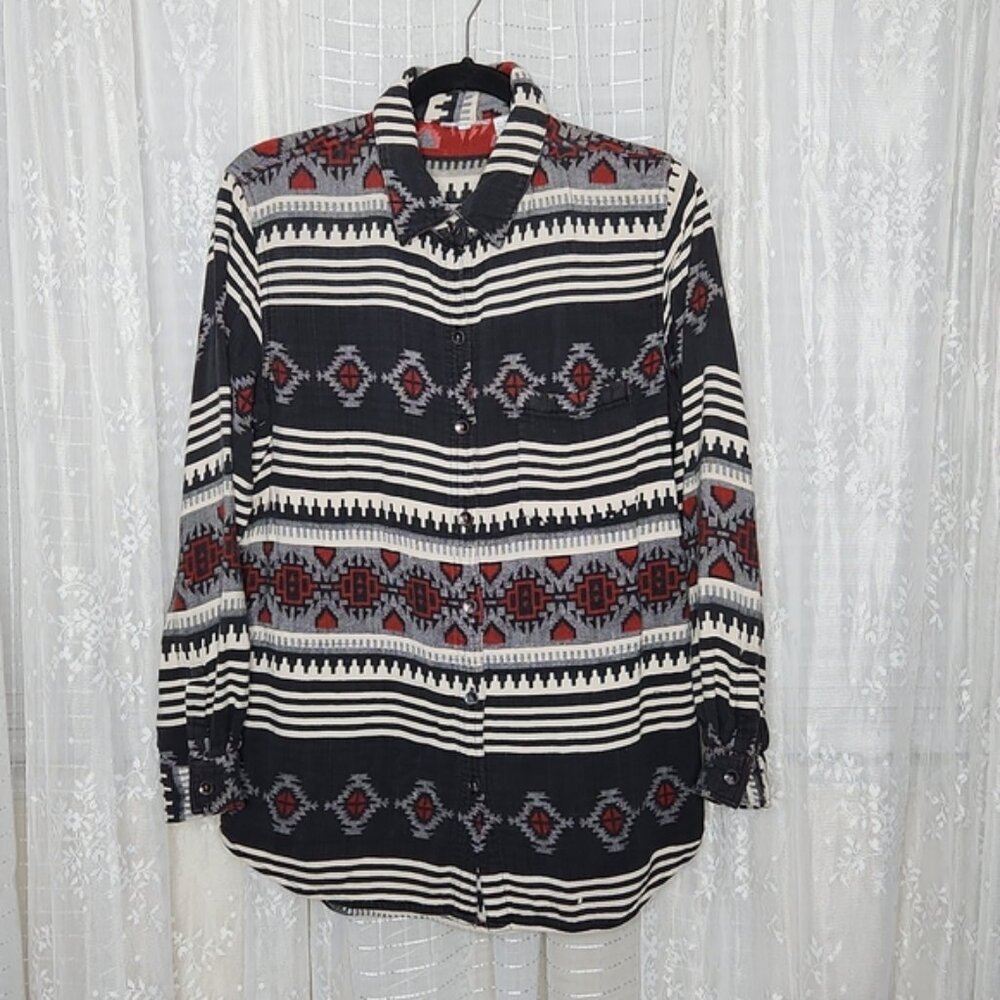 Vintage Boho Hippie Aztec Print Button Up Shacket Long Sleeve Shirt Men's SzM